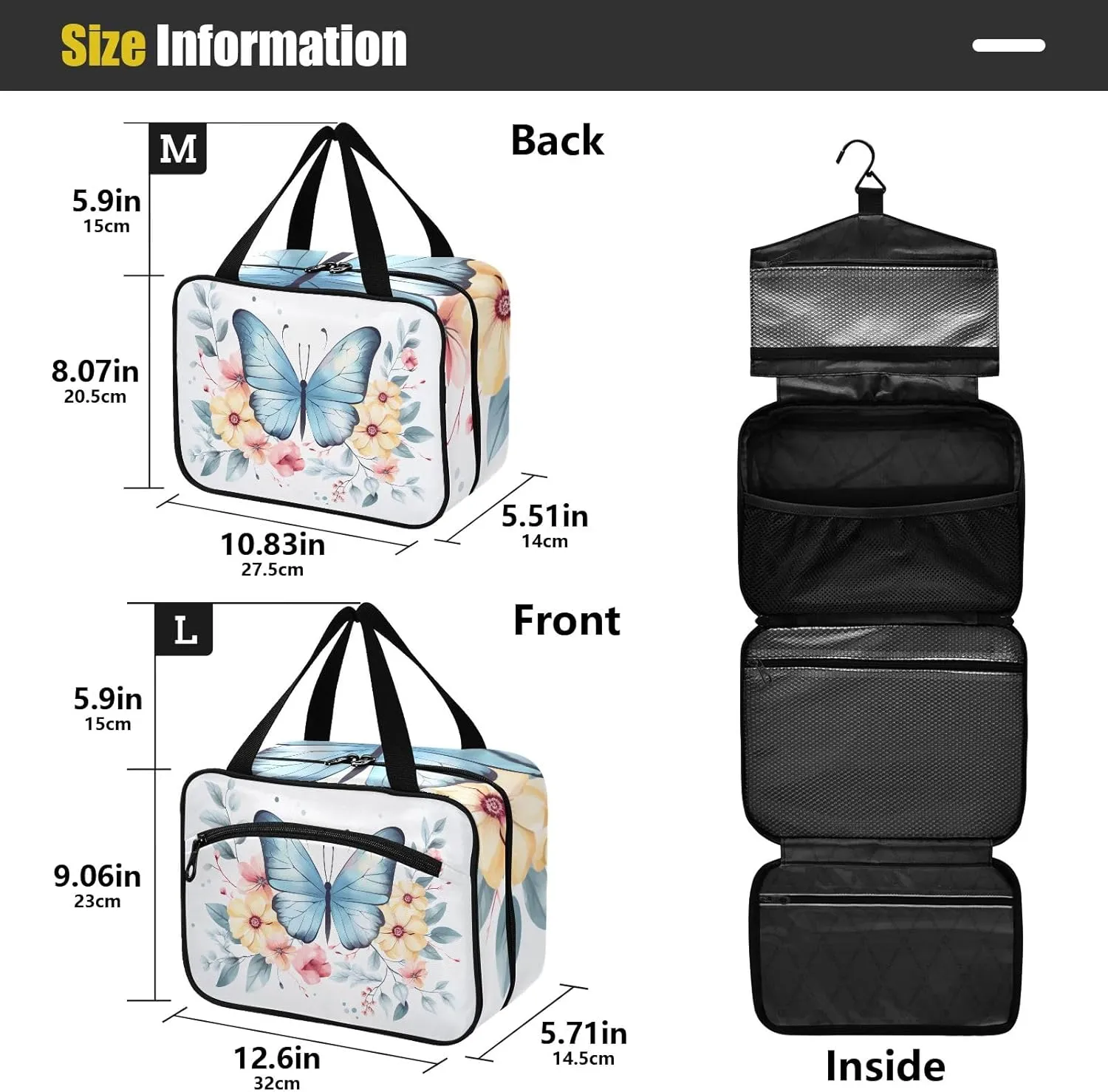 Toiletry Bag Blue Butterfly and Yellow Flowers Hanging Makeup Organizer Water Resistant Cosmetic Bag