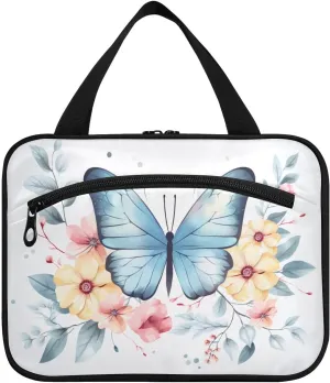 Toiletry Bag Blue Butterfly and Yellow Flowers Hanging Makeup Organizer Water Resistant Cosmetic Bag