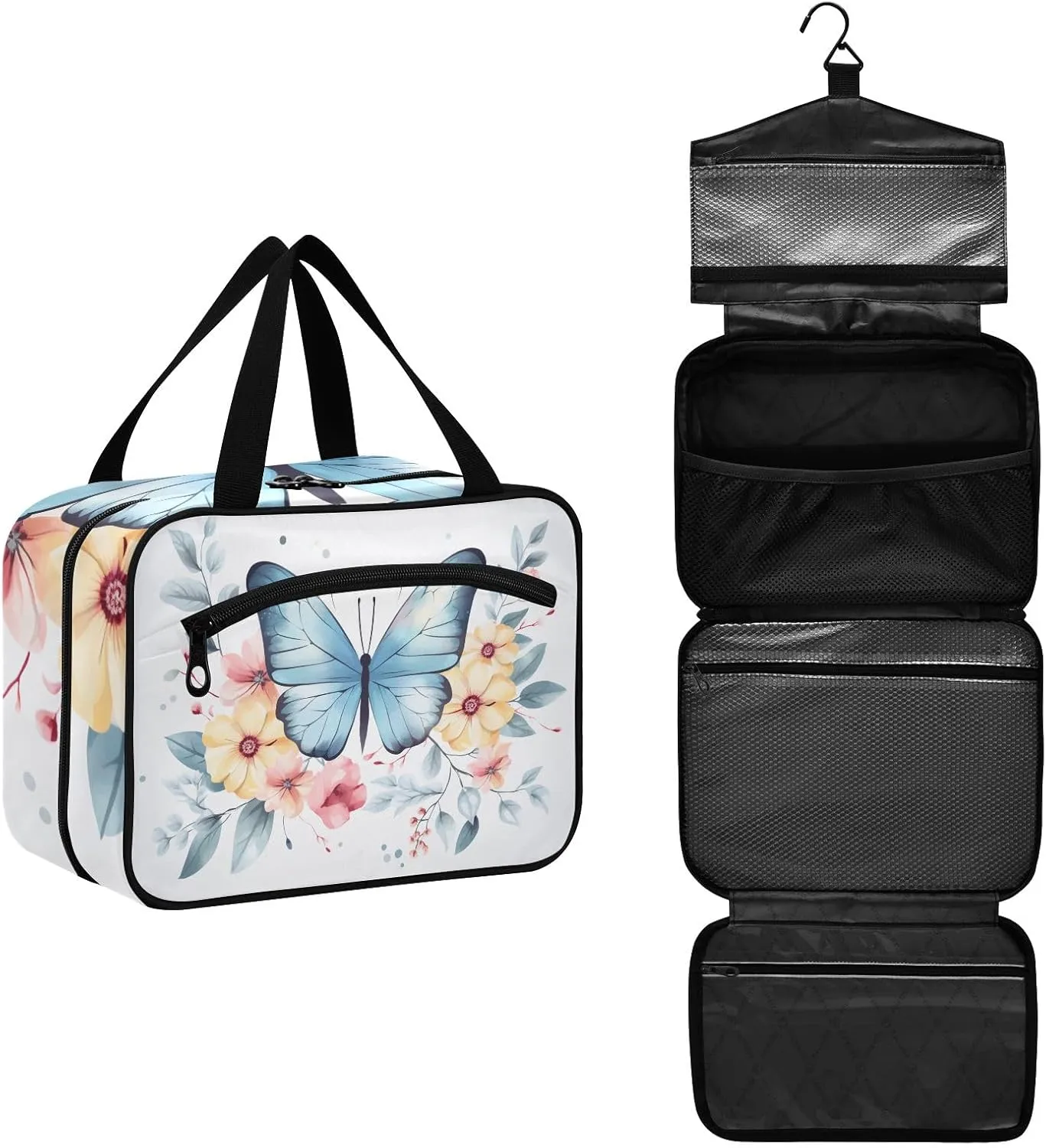 Toiletry Bag Blue Butterfly and Yellow Flowers Hanging Makeup Organizer Water Resistant Cosmetic Bag