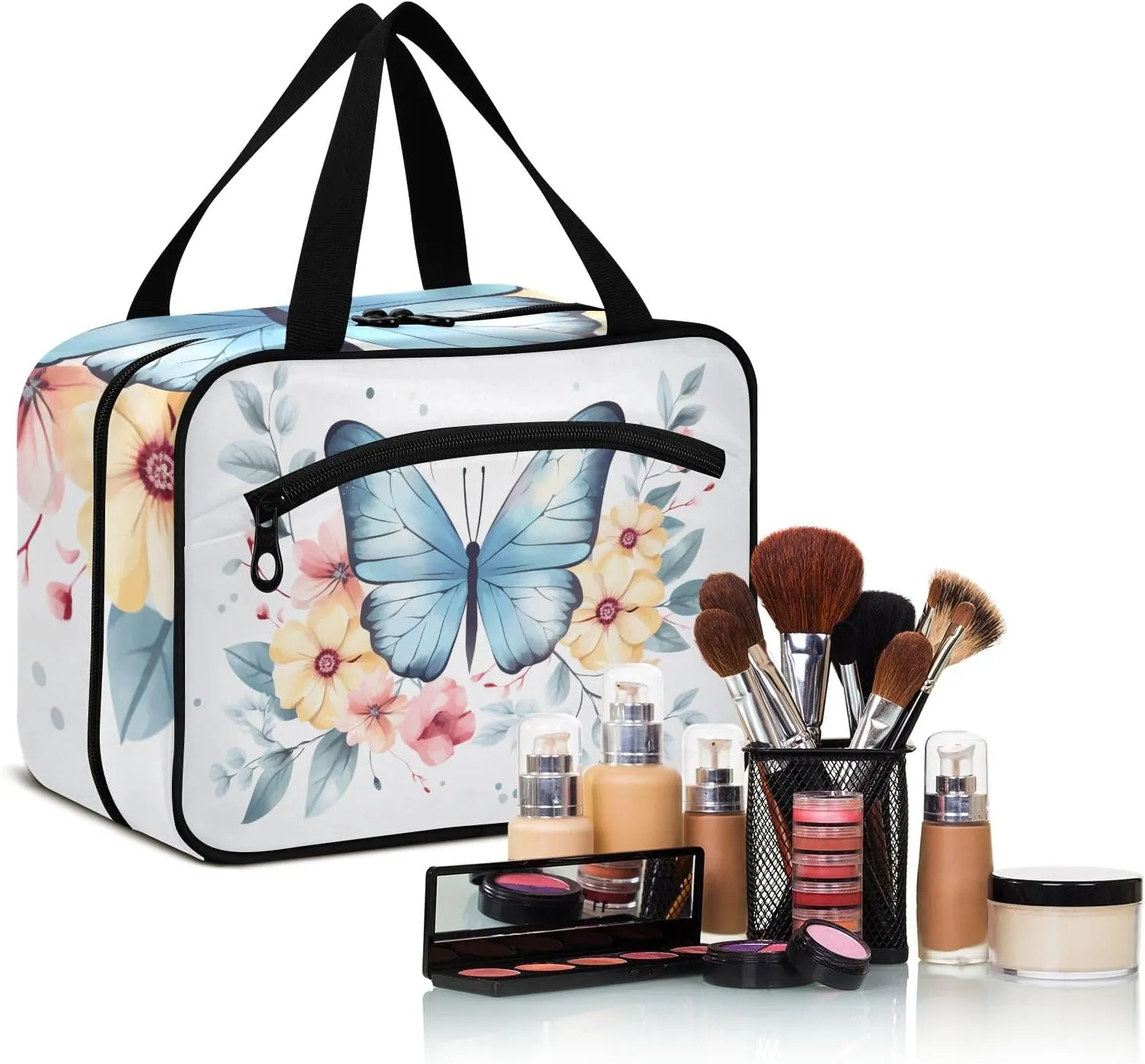 Toiletry Bag Blue Butterfly and Yellow Flowers Hanging Makeup Organizer Water Resistant Cosmetic Bag