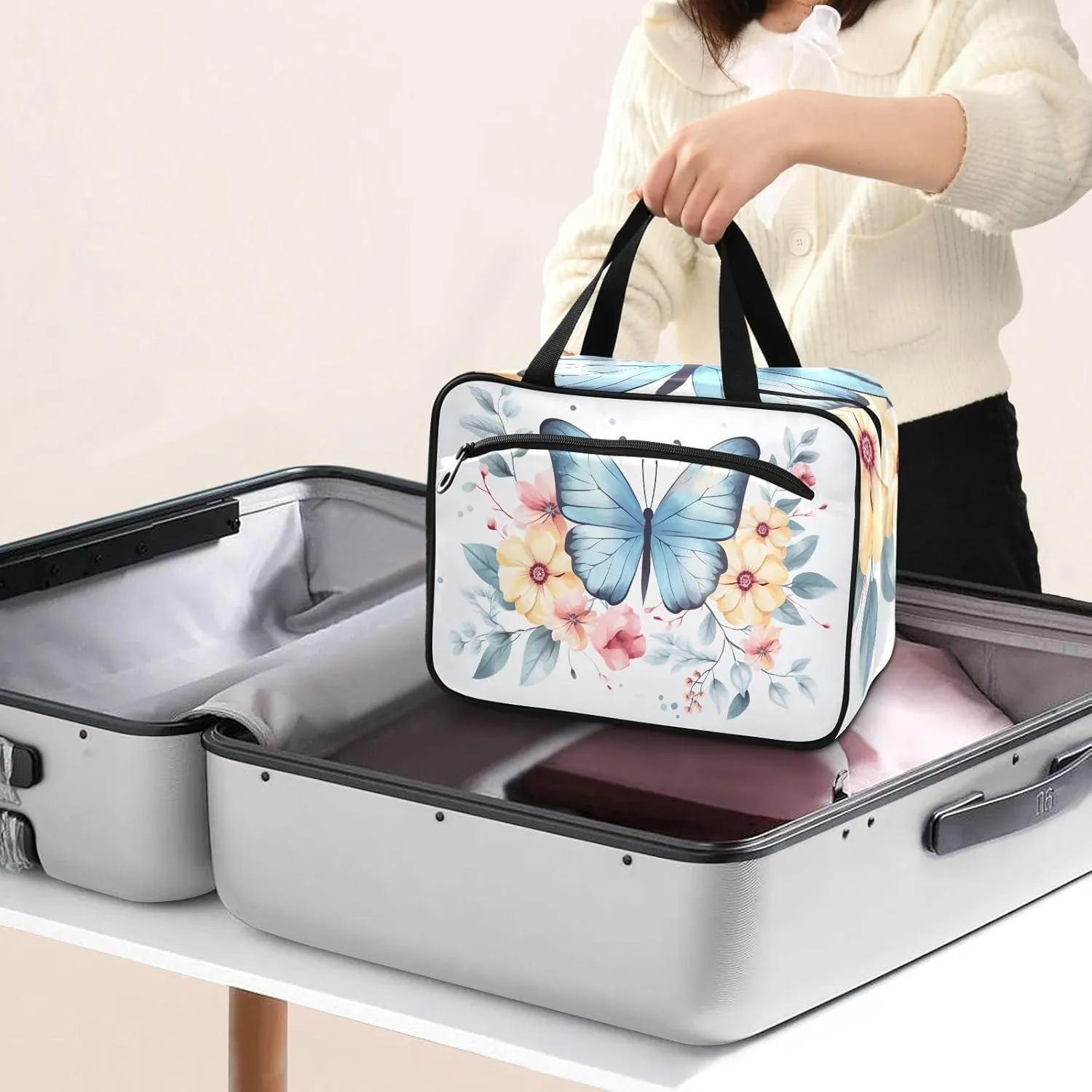 Toiletry Bag Blue Butterfly and Yellow Flowers Hanging Makeup Organizer Water Resistant Cosmetic Bag