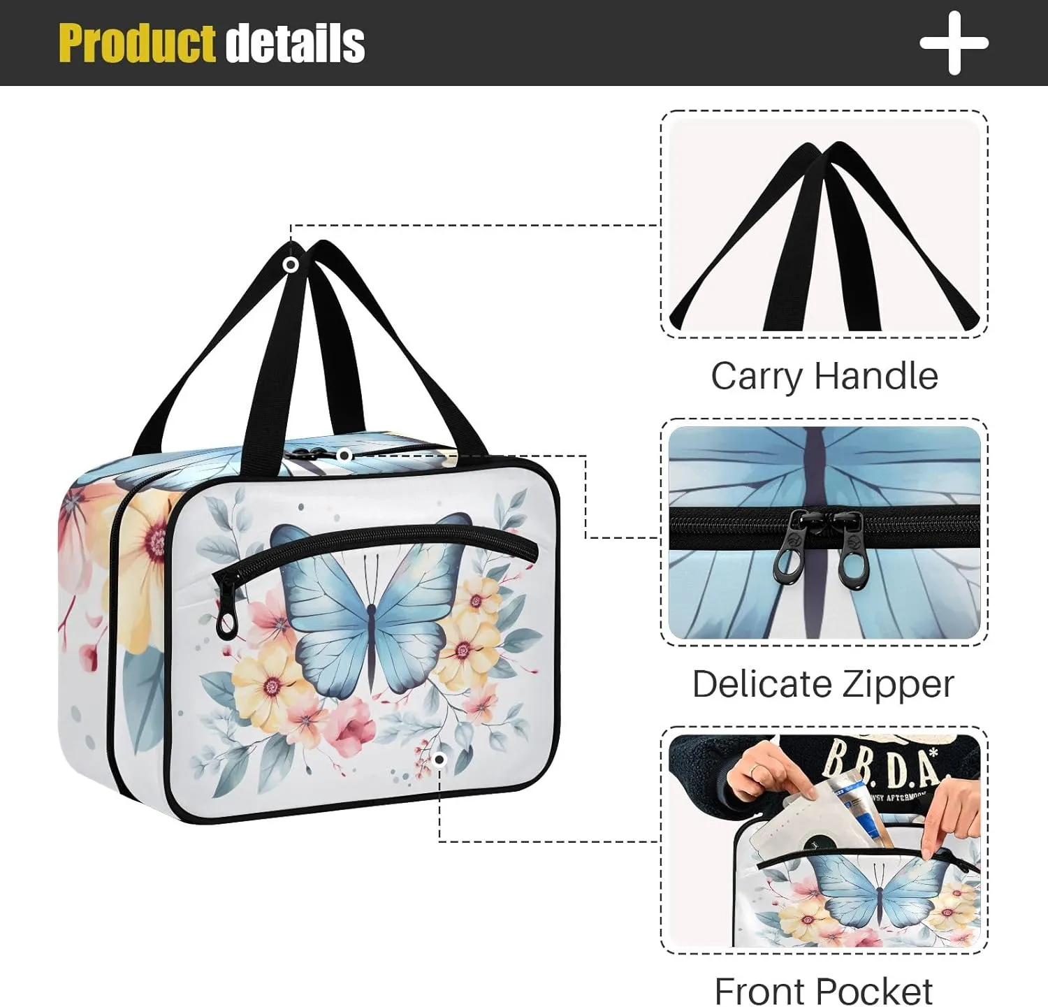 Toiletry Bag Blue Butterfly and Yellow Flowers Hanging Makeup Organizer Water Resistant Cosmetic Bag