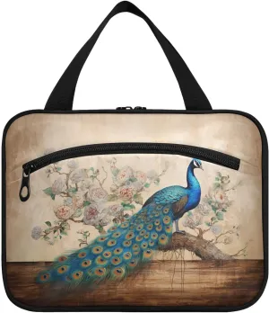 Toiletry Bag Blue Peacock in Floral Tree Hanging Makeup Organizer Water Resistant Cosmetic Bag
