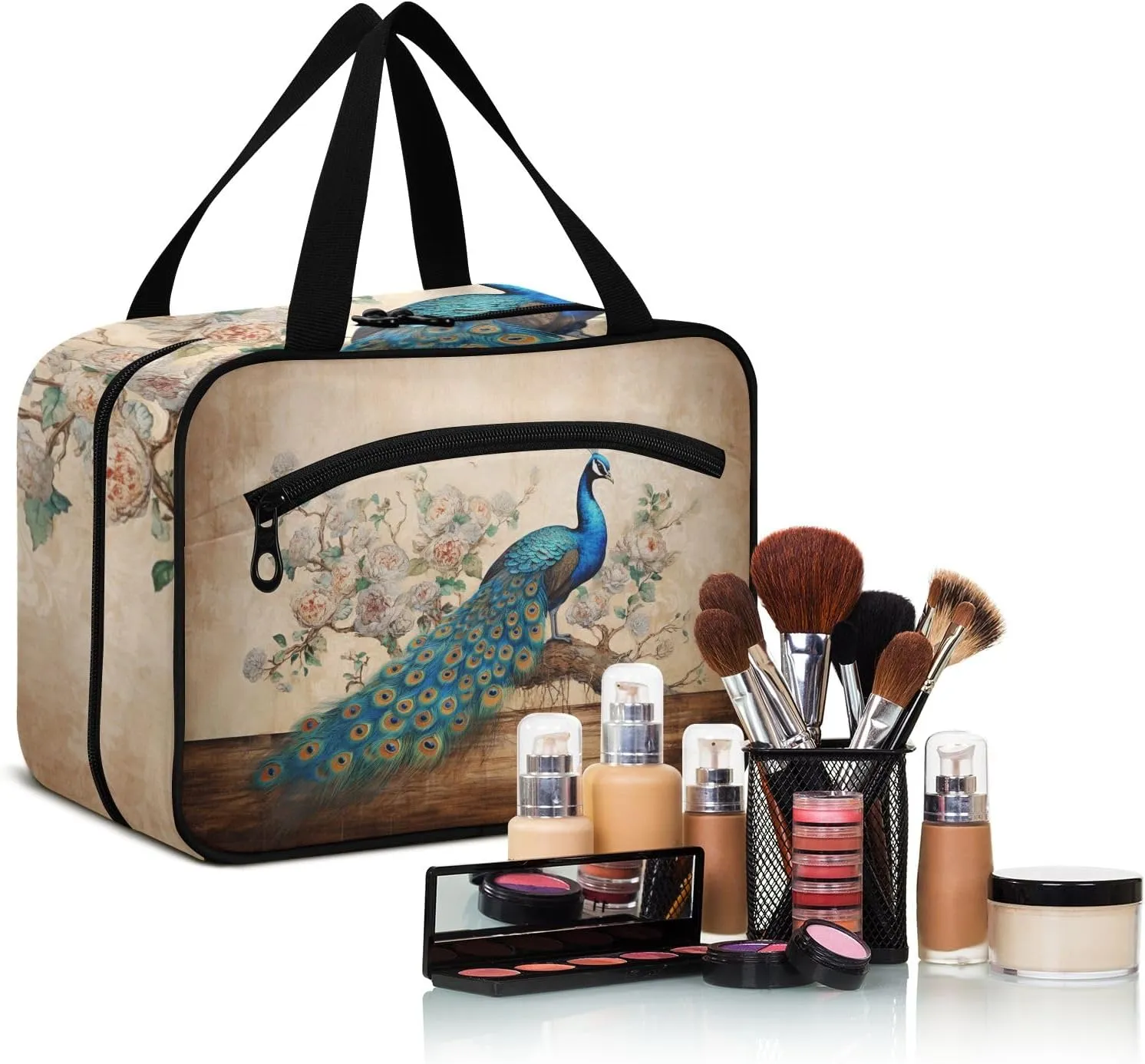 Toiletry Bag Blue Peacock in Floral Tree Hanging Makeup Organizer Water Resistant Cosmetic Bag
