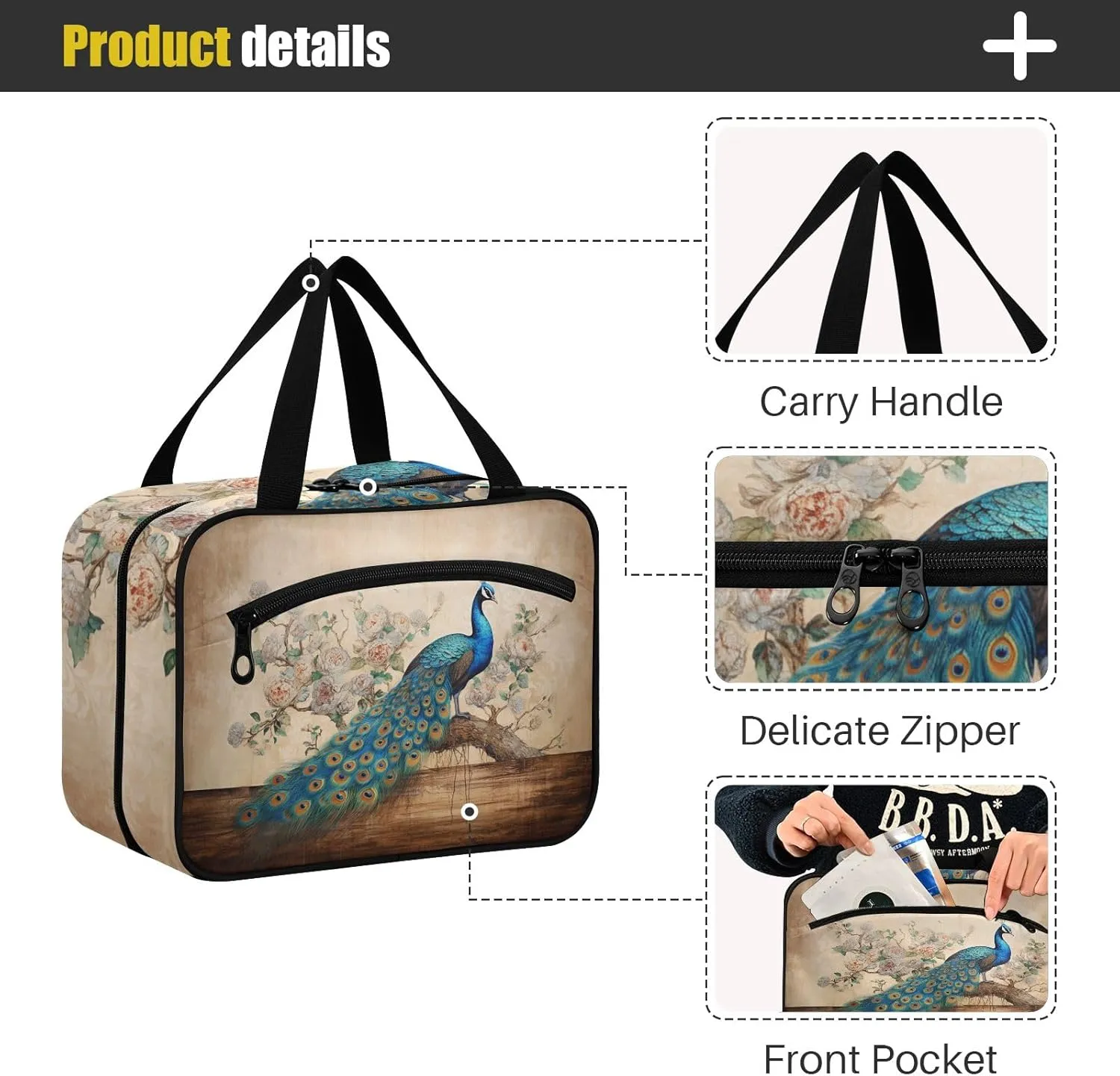 Toiletry Bag Blue Peacock in Floral Tree Hanging Makeup Organizer Water Resistant Cosmetic Bag
