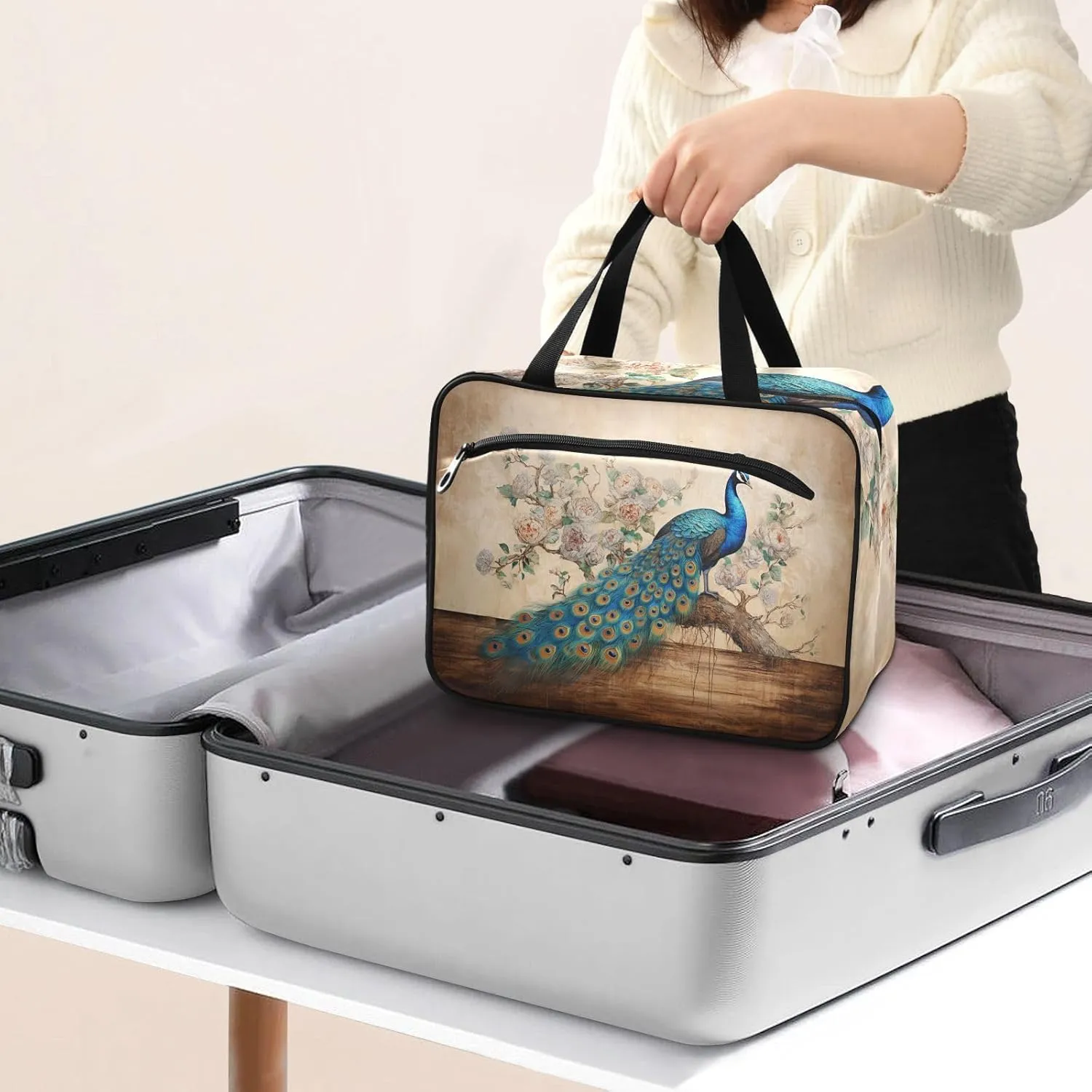 Toiletry Bag Blue Peacock in Floral Tree Hanging Makeup Organizer Water Resistant Cosmetic Bag