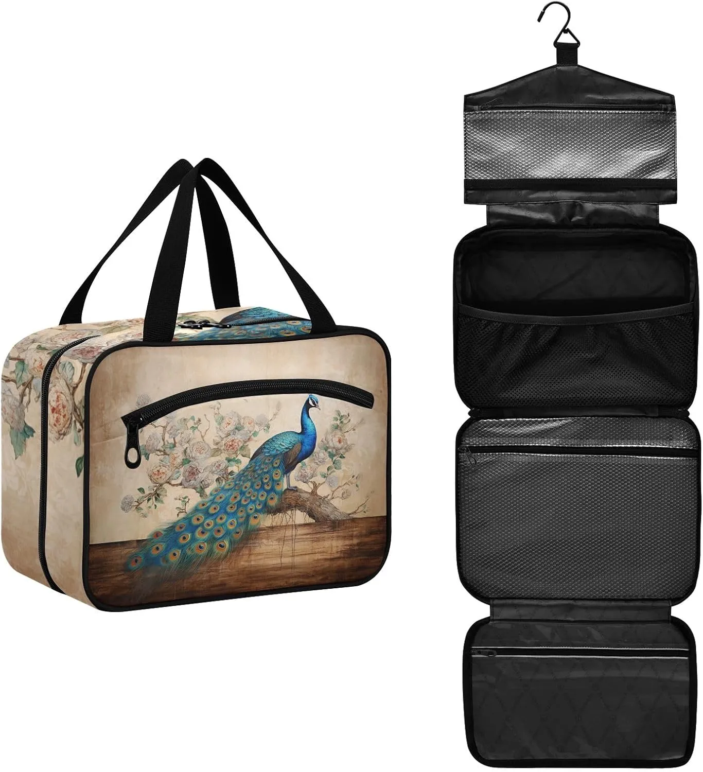 Toiletry Bag Blue Peacock in Floral Tree Hanging Makeup Organizer Water Resistant Cosmetic Bag