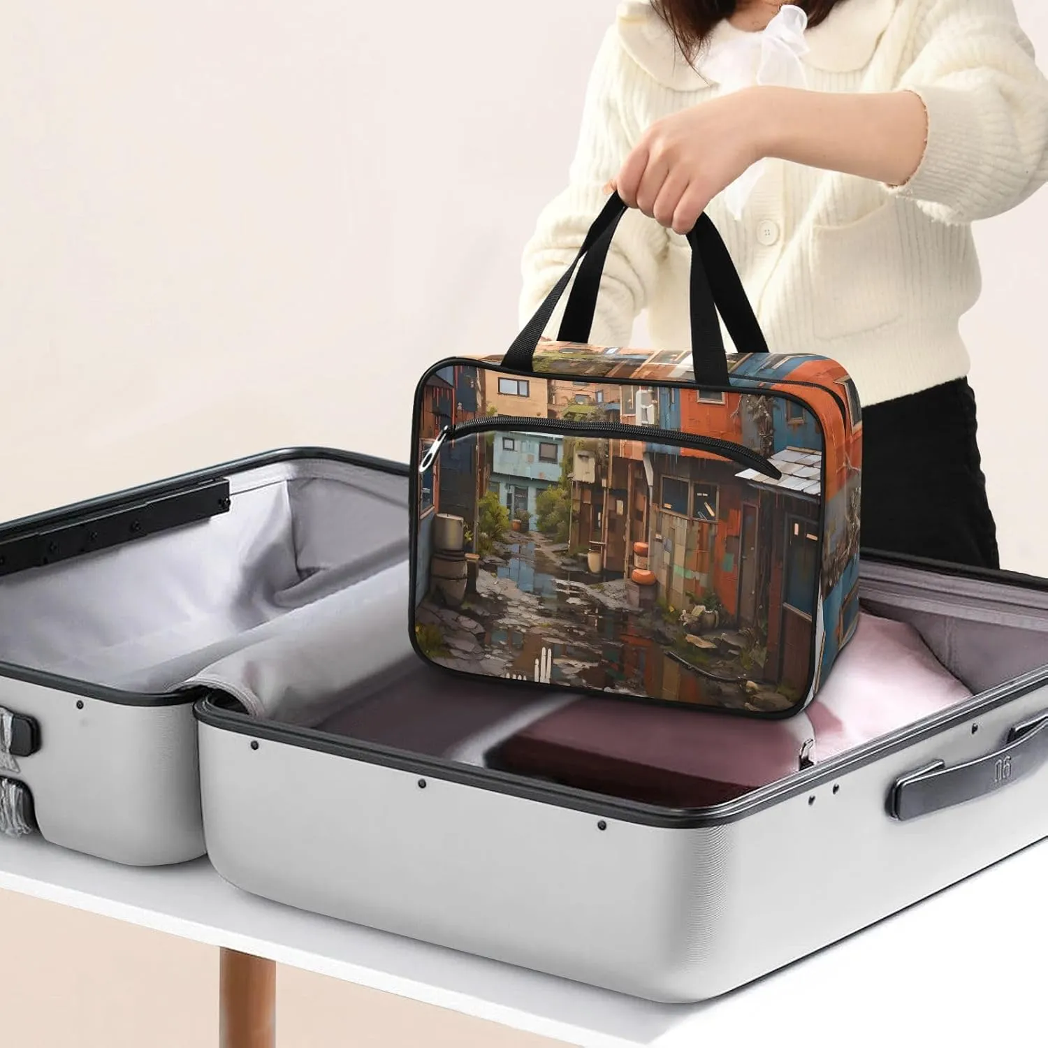 Toiletry Bag City Alley in The Rain Hanging Makeup Organizer Water Resistant Cosmetic Bag
