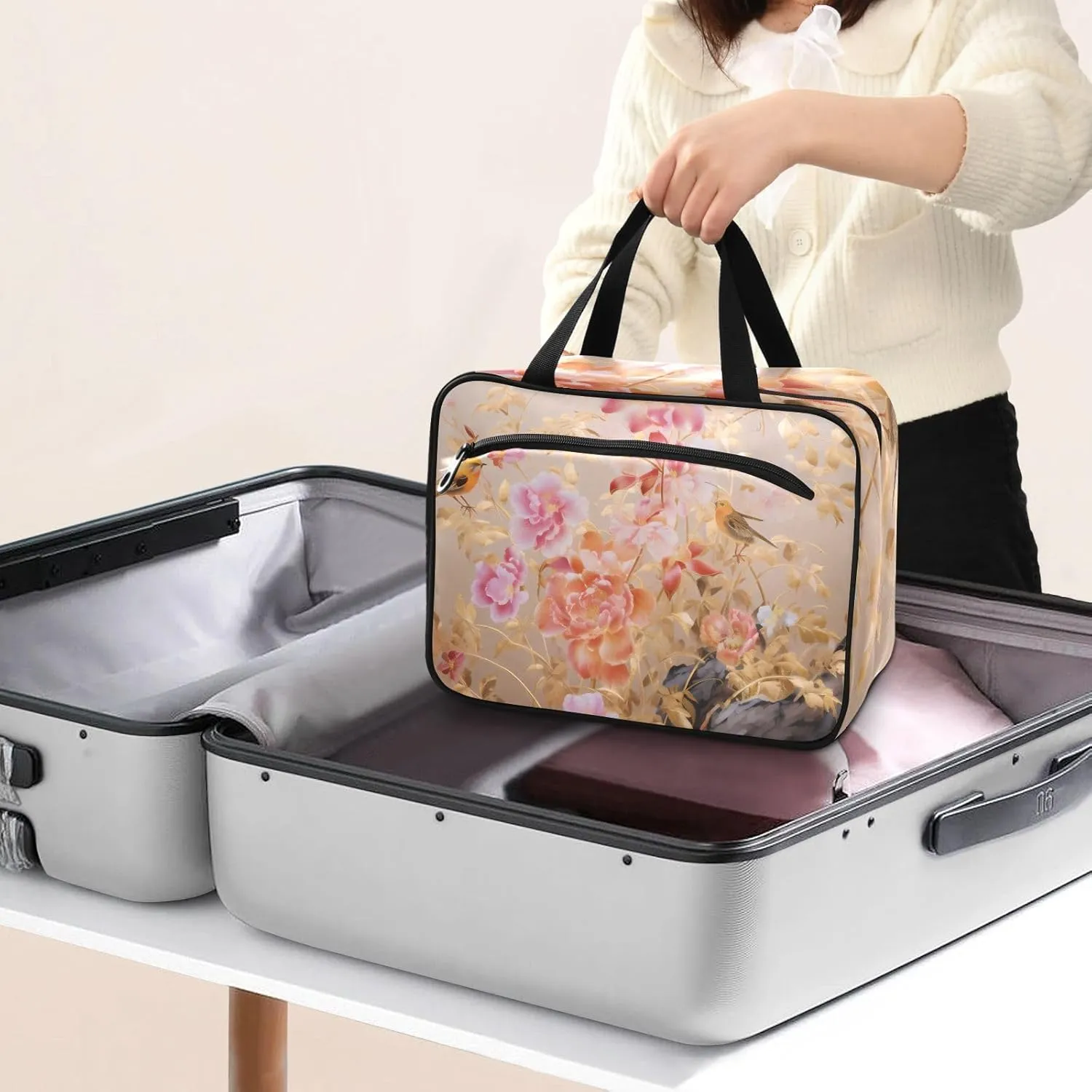 Toiletry Bag Flowers with Birds and Butterfly Hanging Makeup Organizer Water Resistant Cosmetic Bag