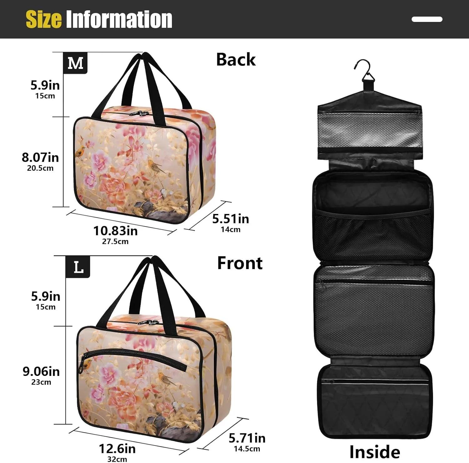 Toiletry Bag Flowers with Birds and Butterfly Hanging Makeup Organizer Water Resistant Cosmetic Bag