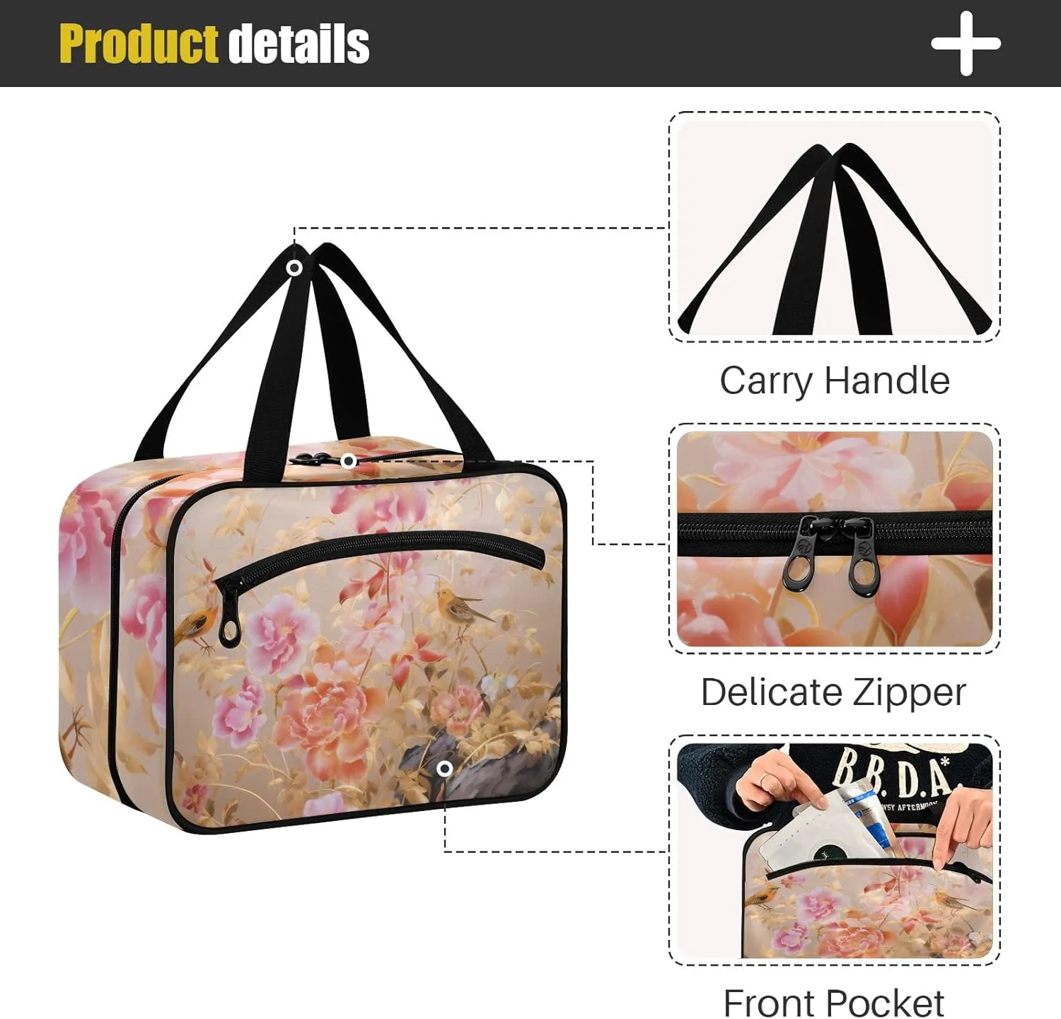 Toiletry Bag Flowers with Birds and Butterfly Hanging Makeup Organizer Water Resistant Cosmetic Bag