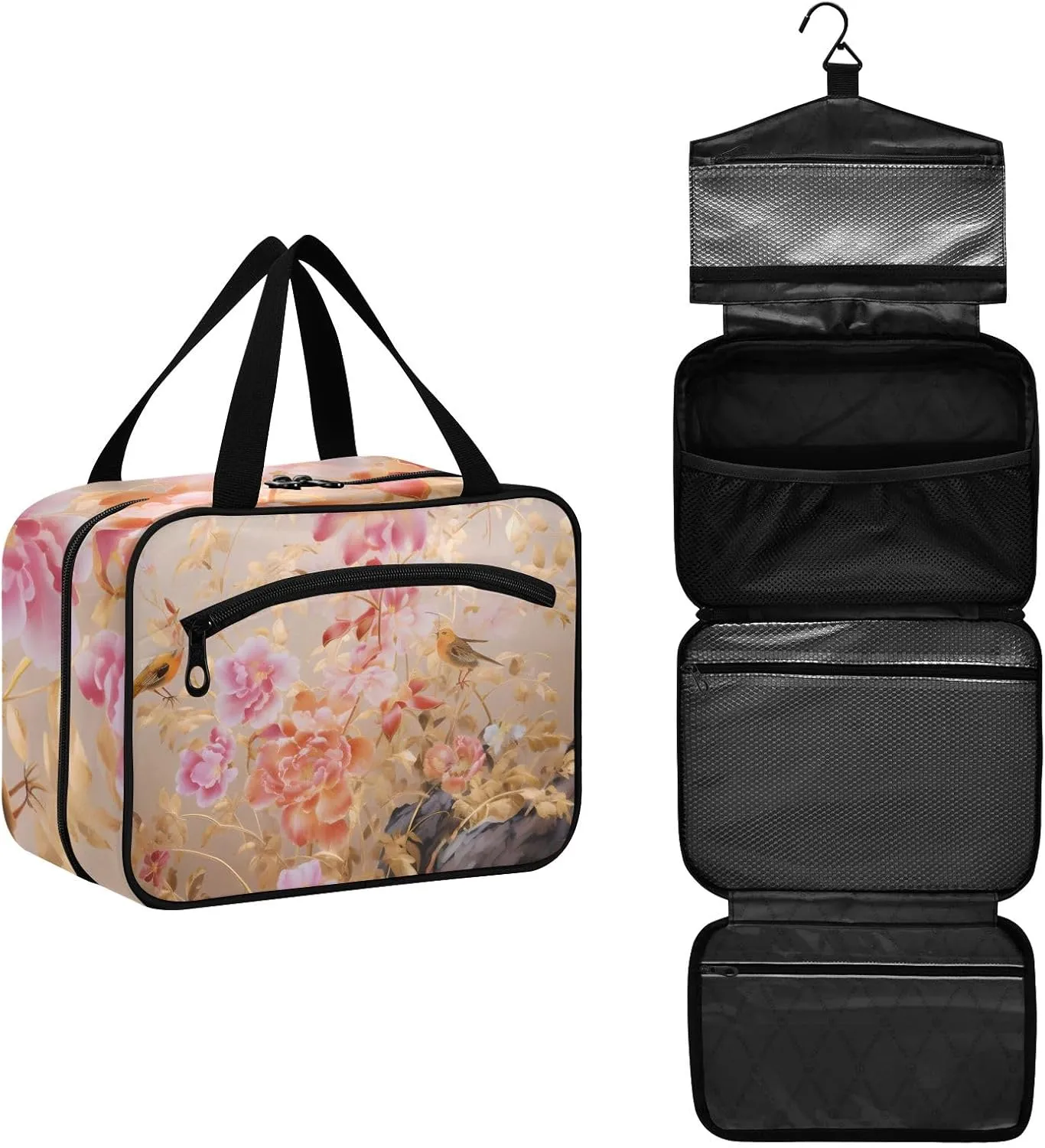 Toiletry Bag Flowers with Birds and Butterfly Hanging Makeup Organizer Water Resistant Cosmetic Bag