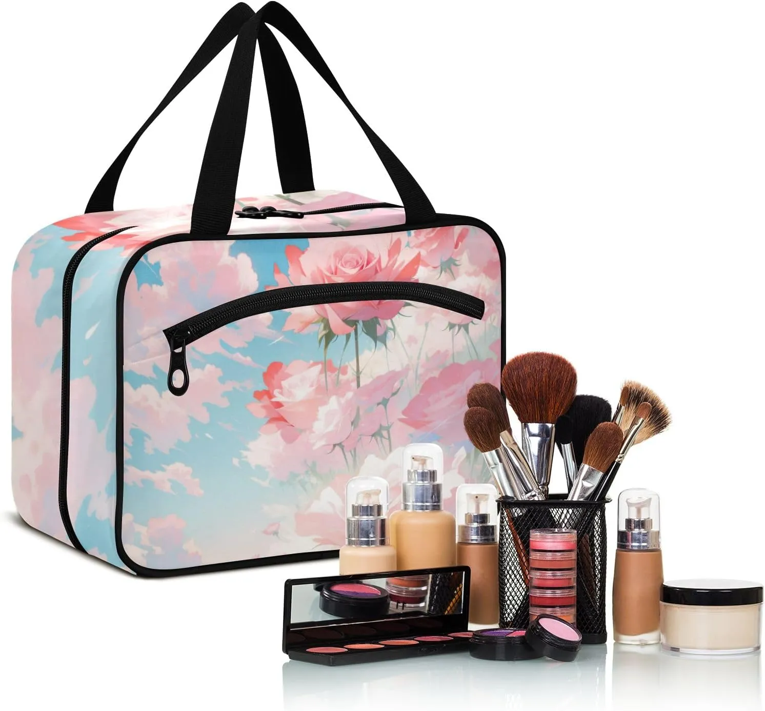 Toiletry Bag Pink Rose under The Cloud Hanging Makeup Organizer Water Resistant Cosmetic Bag