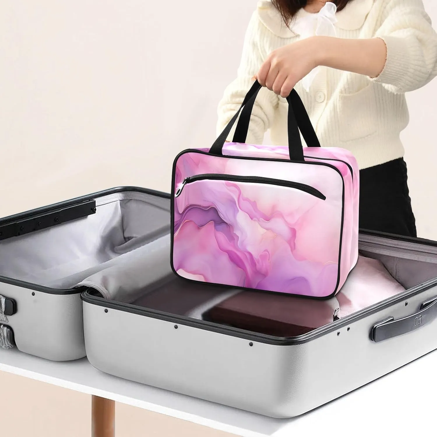 Toiletry Bag Purple and Pink Marble Pattern Hanging Makeup Organizer Water Resistant Cosmetic Bag