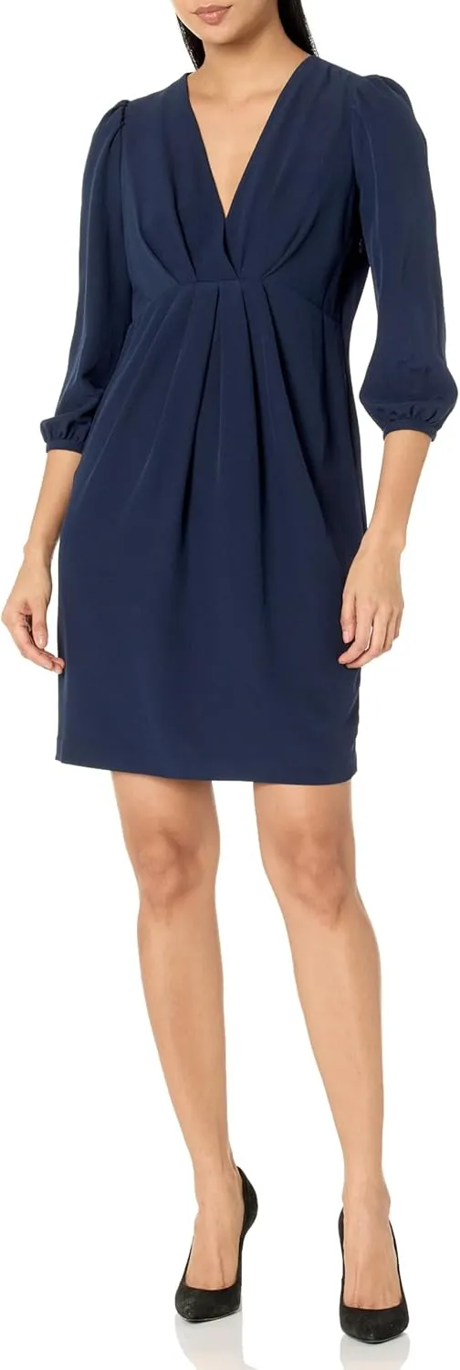 Tommy Hilfiger Women's 3/4 Sleeve V-Neck Pleat Front Mini Dress
