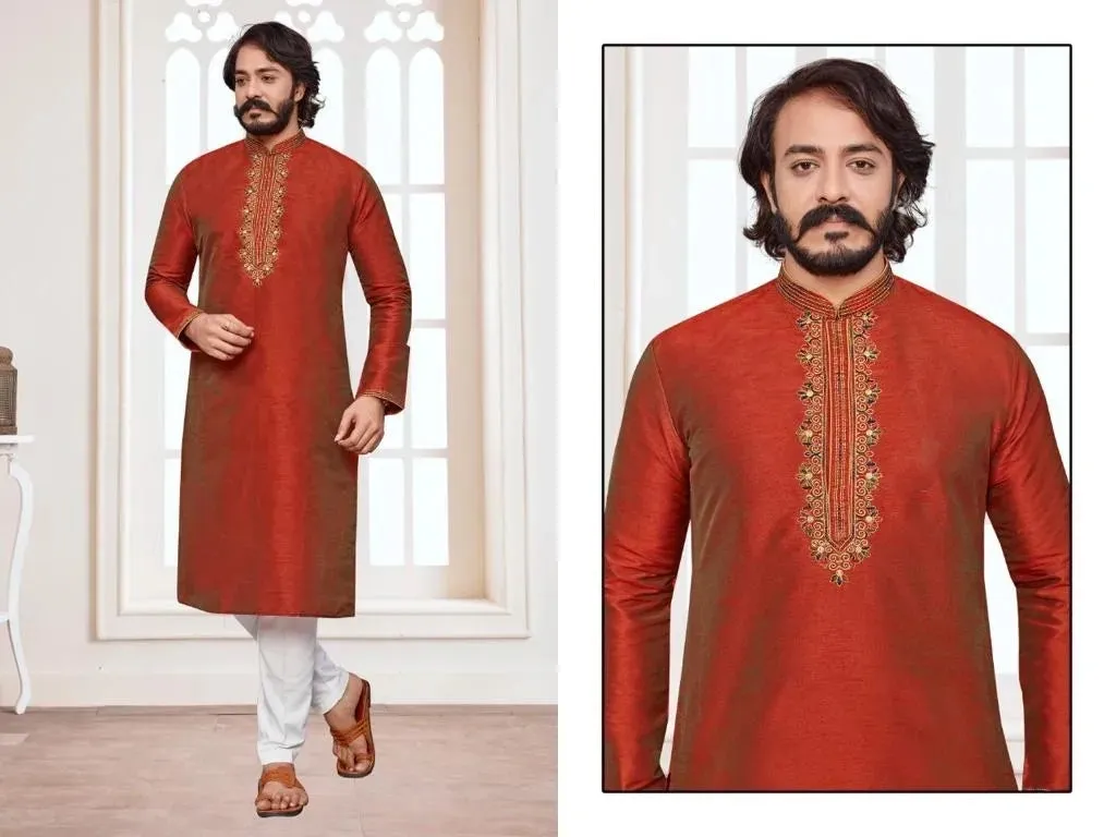 Traditional Men's Ethnic Long Kurta With Pajama Set - Two Tone Red
