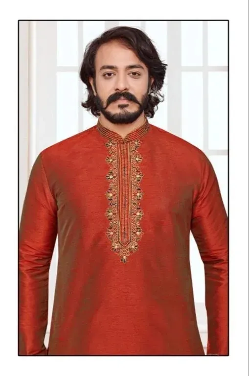 Traditional Men's Ethnic Long Kurta With Pajama Set - Two Tone Red