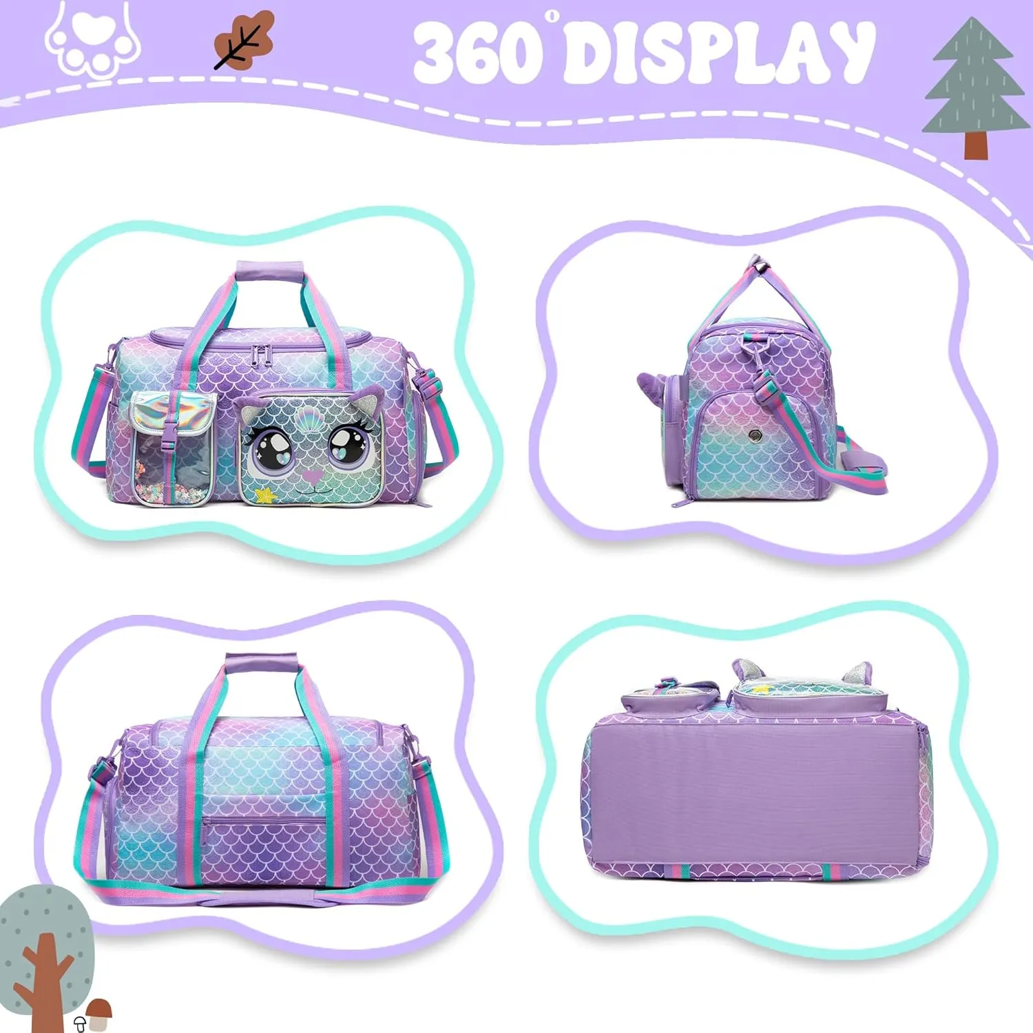 Travel Bag for Kids,Girls Mermaid Duffle Bag Sleepover Bag for Girls,Gym Bag Sports Duffel Bag,Dance Bag for Girls With Shoe Compartment