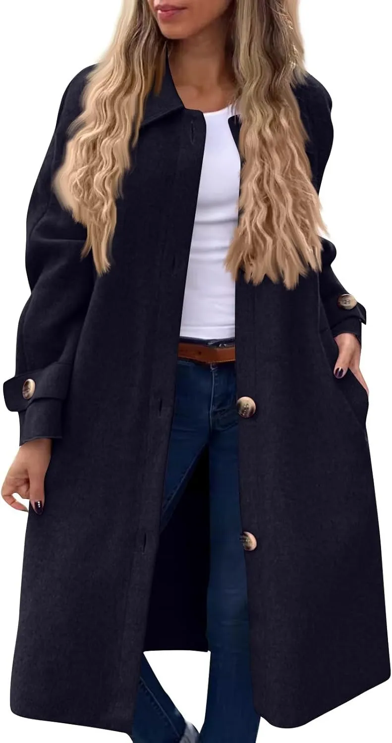 Trench Coat for Women Winter Lapel Collar Double Breasted Pea Coats Wool Blend Warm Windproof Overcoat Long Jacket