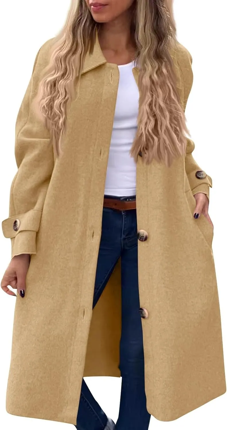 Trench Coat for Women Winter Lapel Collar Double Breasted Pea Coats Wool Blend Warm Windproof Overcoat Long Jacket