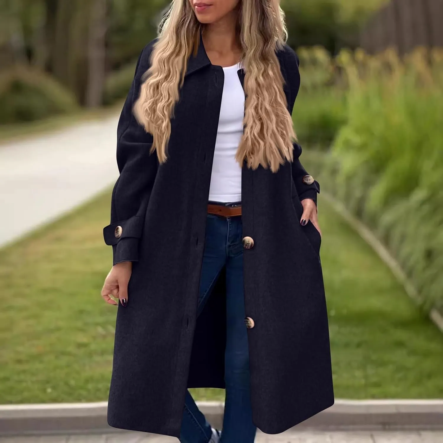 Trench Coat for Women Winter Lapel Collar Double Breasted Pea Coats Wool Blend Warm Windproof Overcoat Long Jacket