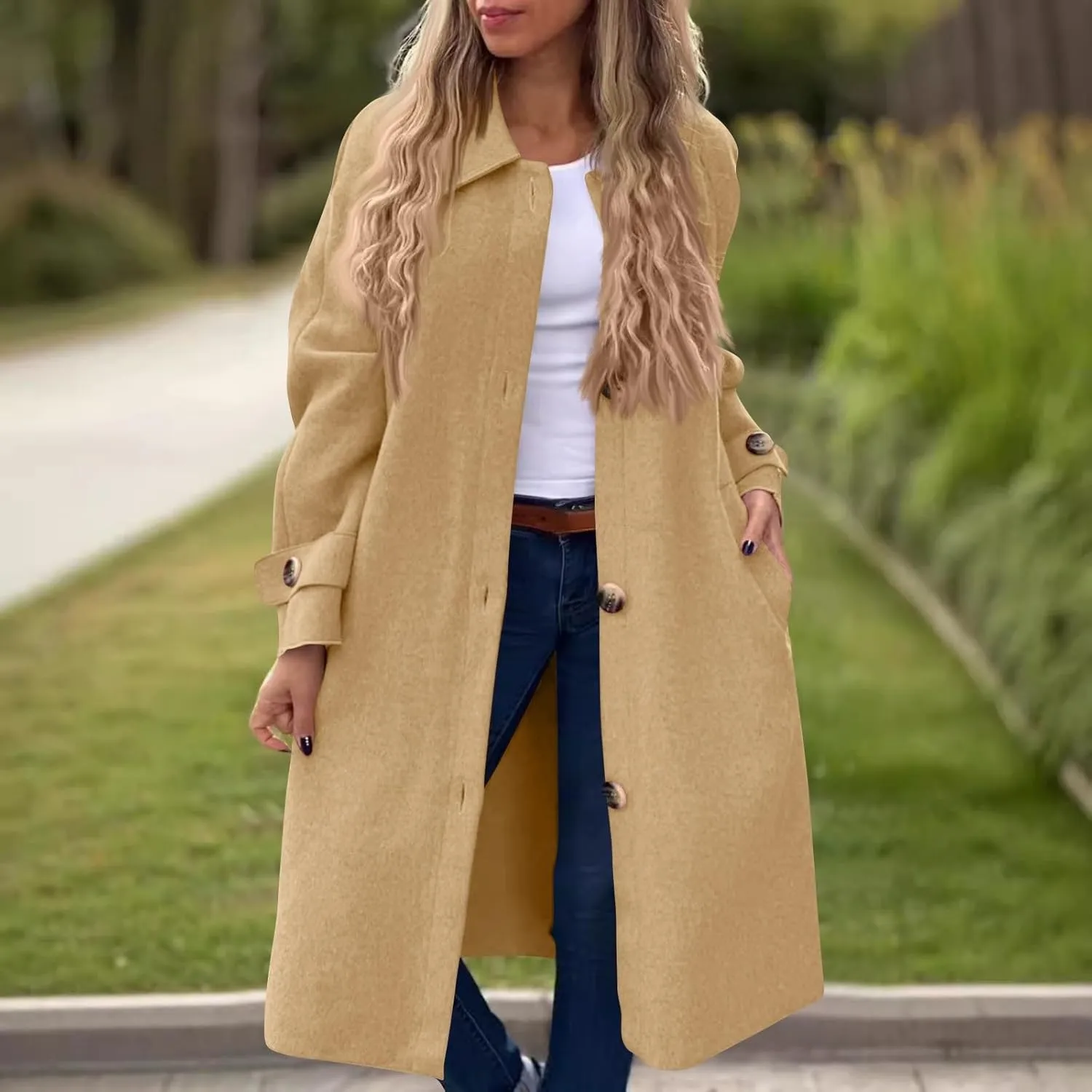 Trench Coat for Women Winter Lapel Collar Double Breasted Pea Coats Wool Blend Warm Windproof Overcoat Long Jacket