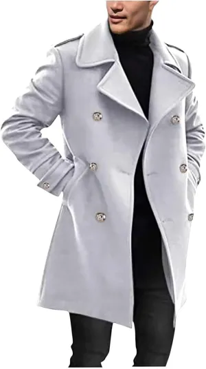 Trench Coat Men Mid Length Wool Coat Double Breasted Peacoat Lapel Open Front Cardigan Winter Outwear with Pockets