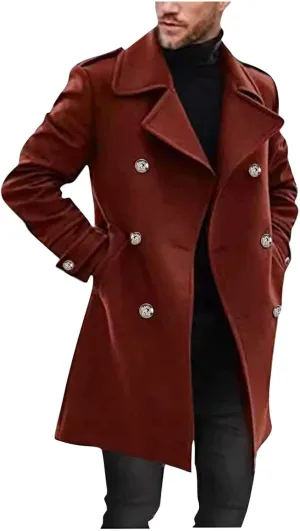 Trench Coat Men Mid Length Wool Coat Double Breasted Peacoat Lapel Open Front Cardigan Winter Outwear with Pockets