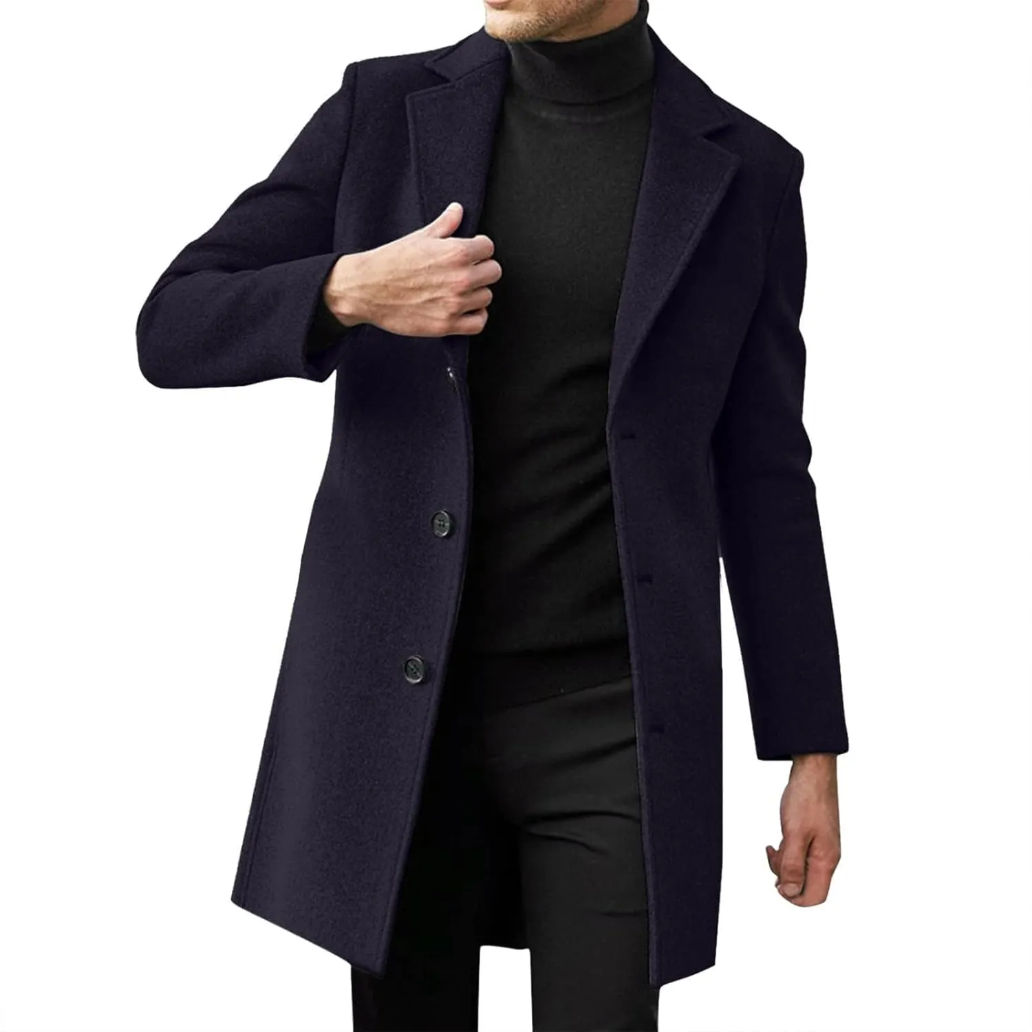 Trench Coat Men Single Breasted Wool Blend Coat Mid Length Pea Coat Notch Lapel Jacket Business Casual Overcoat