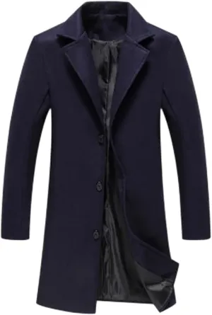Trench Coat Men Single Breasted Wool Blend Coat Mid Length Pea Coat Notch Lapel Jacket Business Casual Overcoat