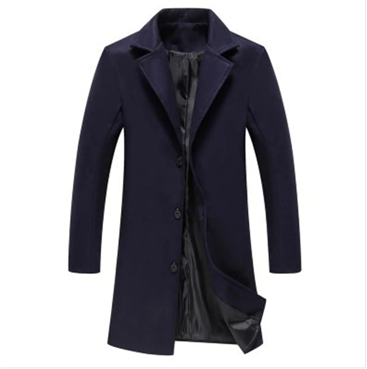 Trench Coat Men Single Breasted Wool Blend Coat Mid Length Pea Coat Notch Lapel Jacket Business Casual Overcoat