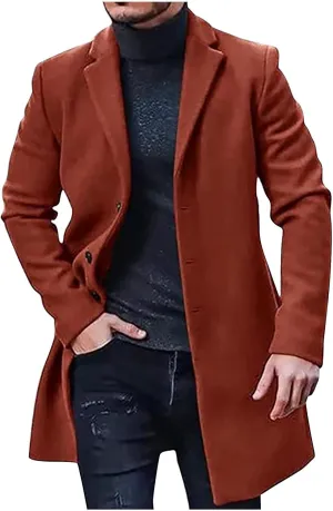 Trench Coat Men Winter Woolen Coats Big and Tall Pea Coats Single Breasted Notch Collar Trench Coat with Pockets