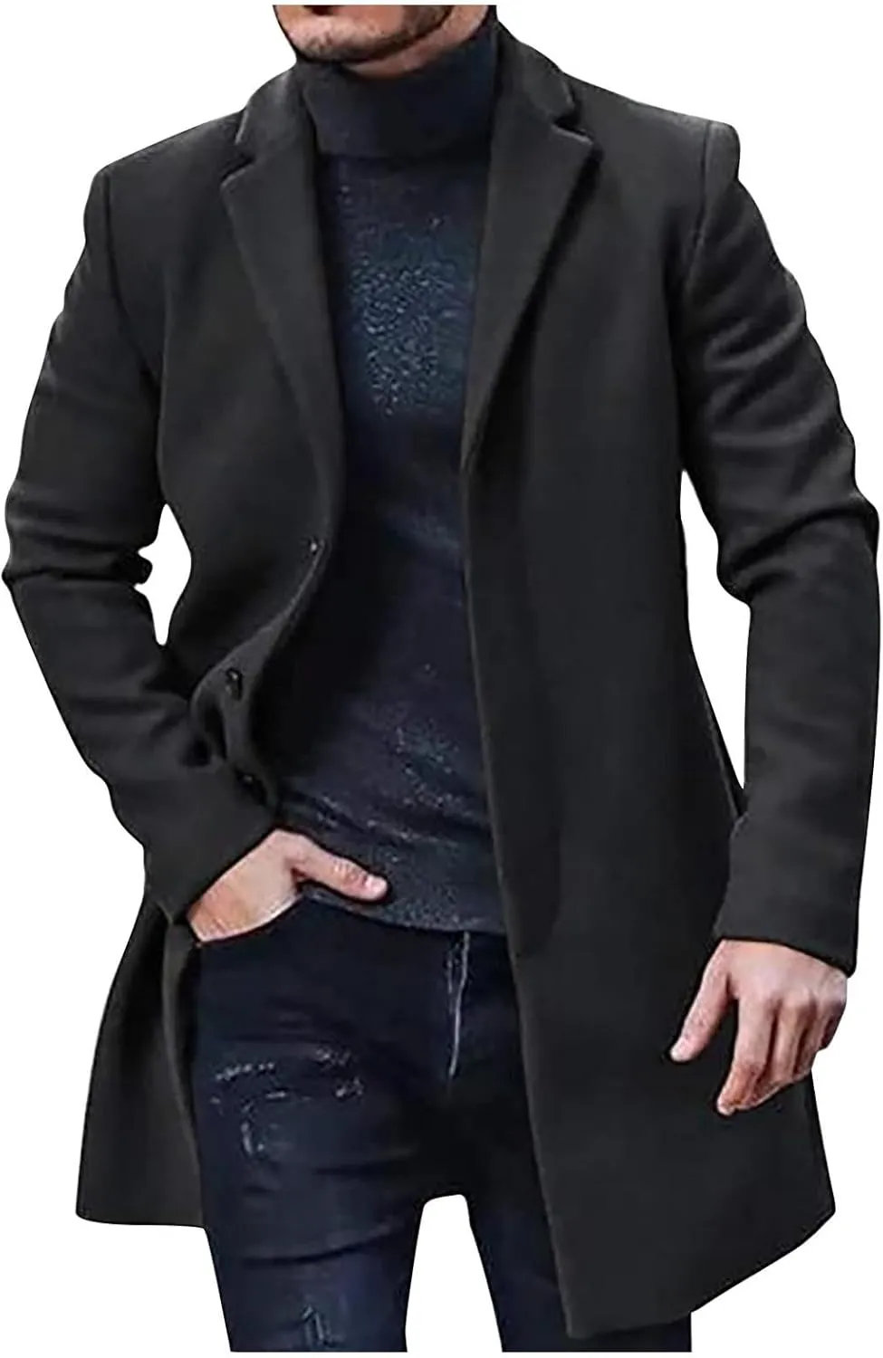 Trench Coat Men Winter Woolen Coats Big and Tall Pea Coats Single Breasted Notch Collar Trench Coat with Pockets