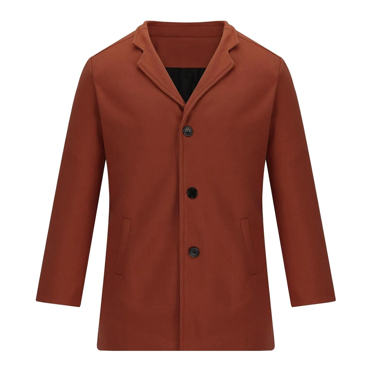Trench Coat Men Winter Woolen Coats Big and Tall Pea Coats Single Breasted Notch Collar Trench Coat with Pockets
