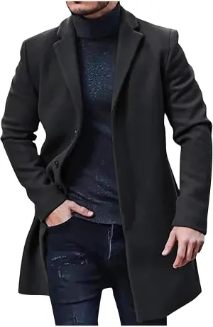 Trench Coat Men Winter Woolen Coats Big and Tall Pea Coats Single Breasted Notch Collar Trench Coat with Pockets