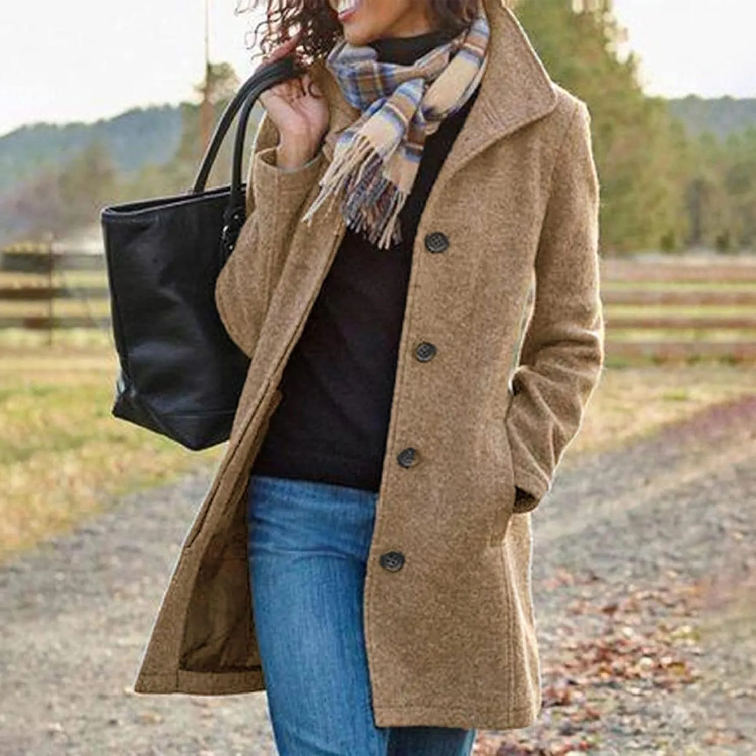 Trench Coat Women Winter Wool Pea Coat Stand Collar Single Breasted Jacket Casual Thicken Overcoat with Pockets