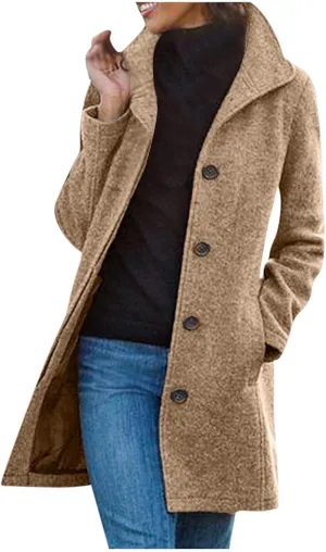 Trench Coat Women Winter Wool Pea Coat Stand Collar Single Breasted Jacket Casual Thicken Overcoat with Pockets
