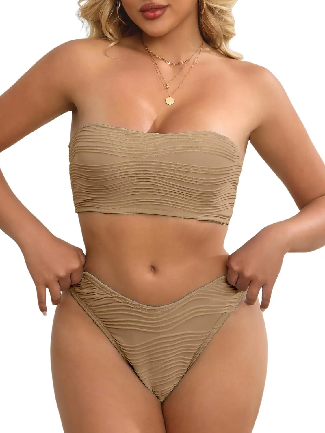 Tripsky Women's Bandeau Bikini Sets Two Piece Swimsuit High Cut Bathing Suit Ribbed Bikini Set
