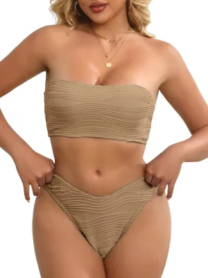 Tripsky Women's Bandeau Bikini Sets Two Piece Swimsuit High Cut Bathing Suit Ribbed Bikini Set