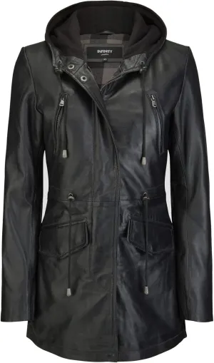 TruClothing Womens Real Leather Parker Coat 3/4 Hooded Safari Duffle Jacket Black Soft