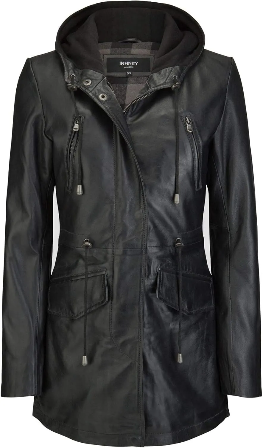 TruClothing Womens Real Leather Parker Coat 3/4 Hooded Safari Duffle Jacket Black Soft