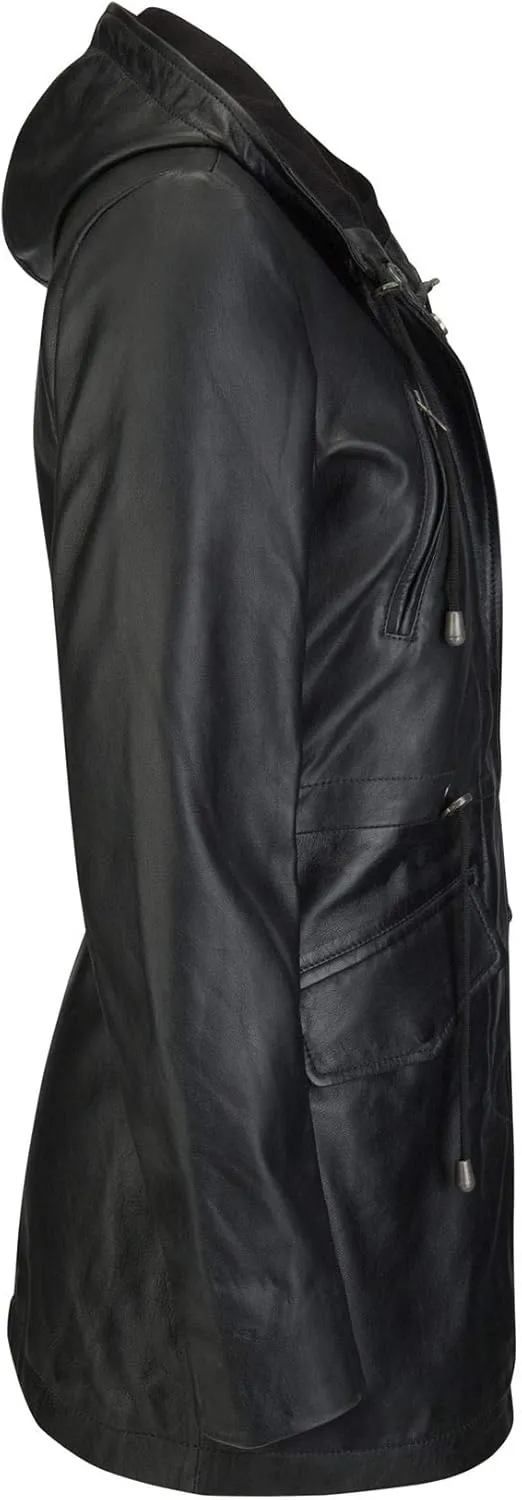 TruClothing Womens Real Leather Parker Coat 3/4 Hooded Safari Duffle Jacket Black Soft