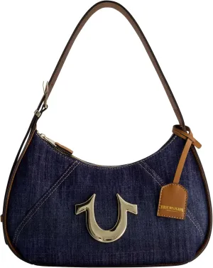 True Religion Women's Shoulder Bag Purse, Hobo Handbag with Adjustable Strap and Metal Horseshoe Logo, Denim