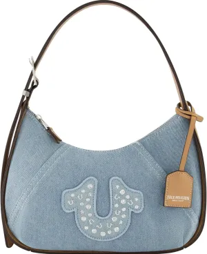 True Religion Women's Shoulder Bag Purse, Studded Logo Crescent Hobo Handbag with Adjustable Strap, Light Blue