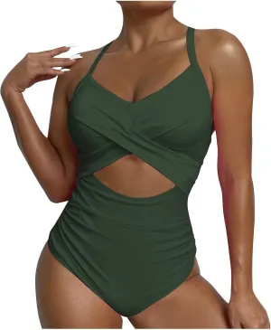 Uillui Women One Piece Swimsuit Tummy Control High Cut Slimming Bathing Suit Sexy Vneck Twist Front Cutout Monikini Swimwear