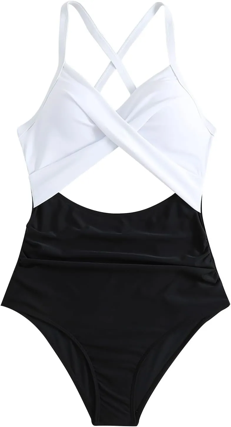 Uillui Women One Piece Swimsuit Tummy Control High Cut Slimming Bathing Suit Sexy Vneck Twist Front Cutout Monikini Swimwear