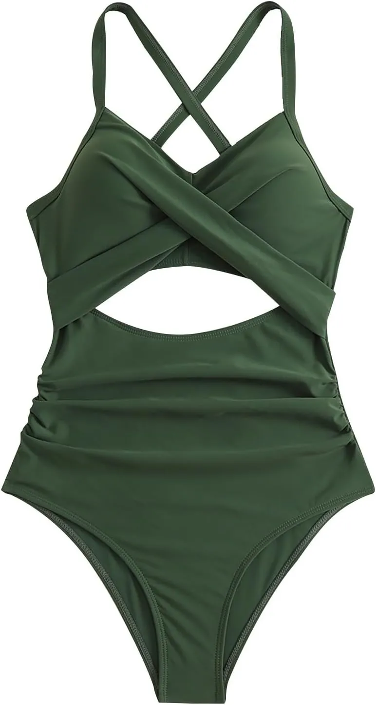 Uillui Women One Piece Swimsuit Tummy Control High Cut Slimming Bathing Suit Sexy Vneck Twist Front Cutout Monikini Swimwear