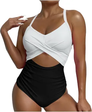 Uillui Women One Piece Swimsuit Tummy Control High Cut Slimming Bathing Suit Sexy Vneck Twist Front Cutout Monikini Swimwear