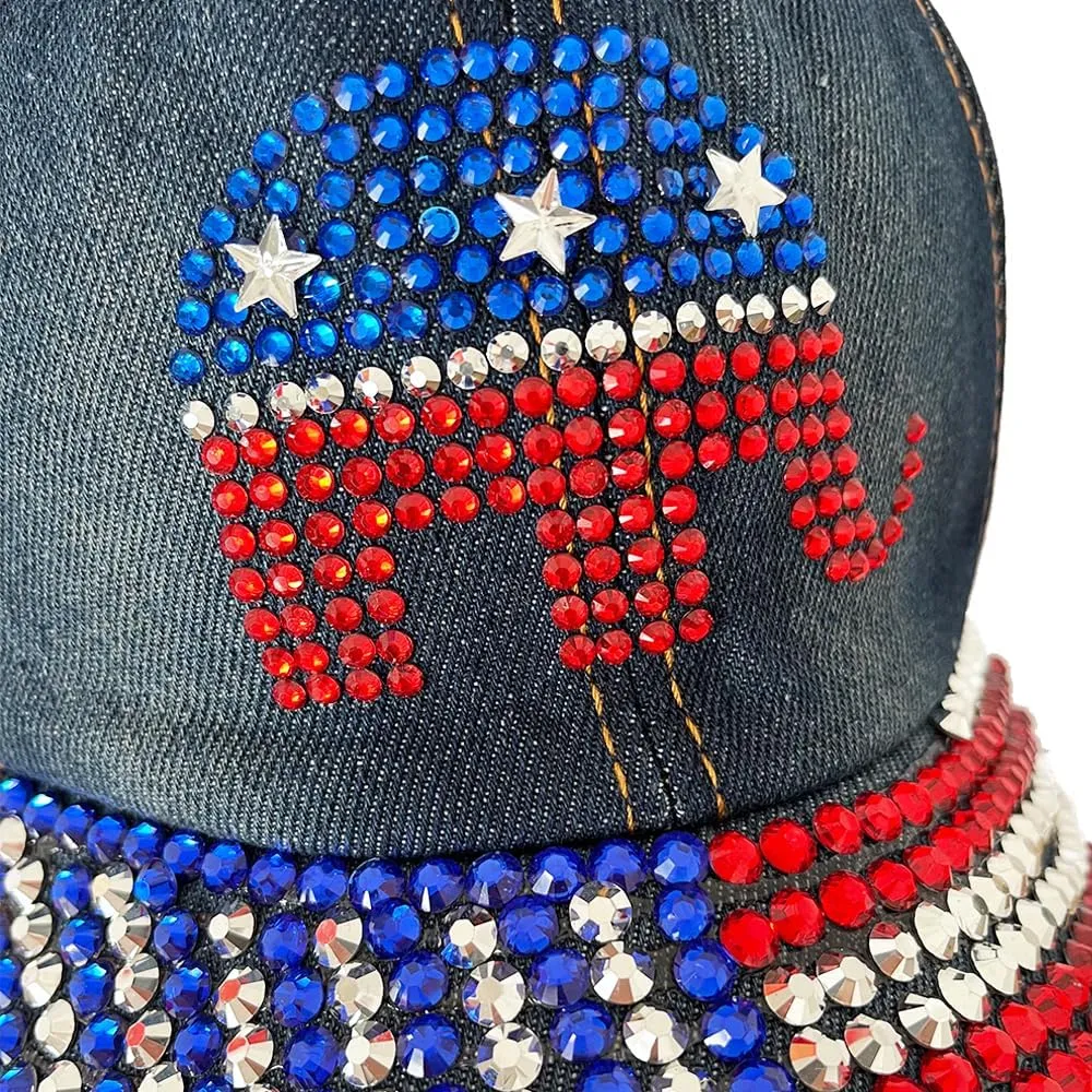 Unisex USA American Flag Baseball Cap Denim Distressed Rhinestone Hat for Adults