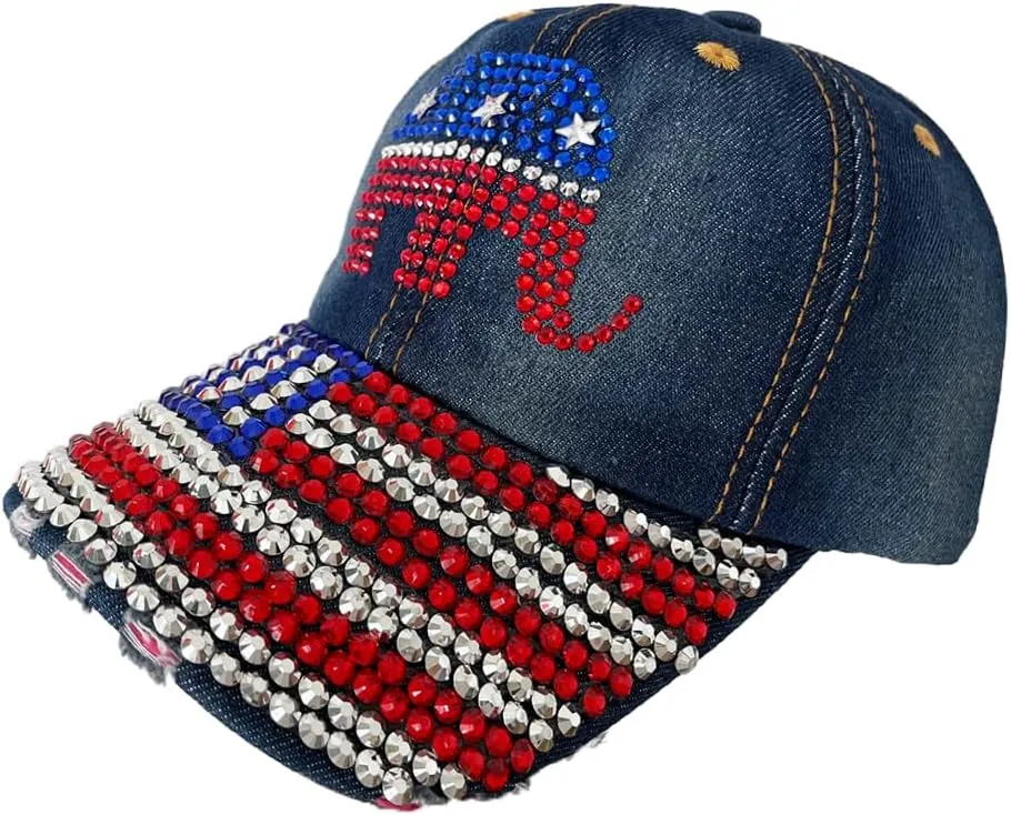 Unisex USA American Flag Baseball Cap Denim Distressed Rhinestone Hat for Adults
